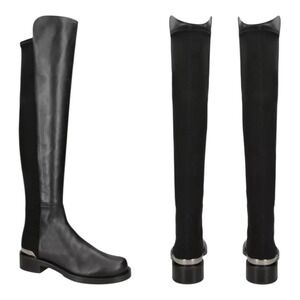 Stuart Weitzman 5050 Bold Logo Over Knee Boots Leather Block Heel Black‎ Womens